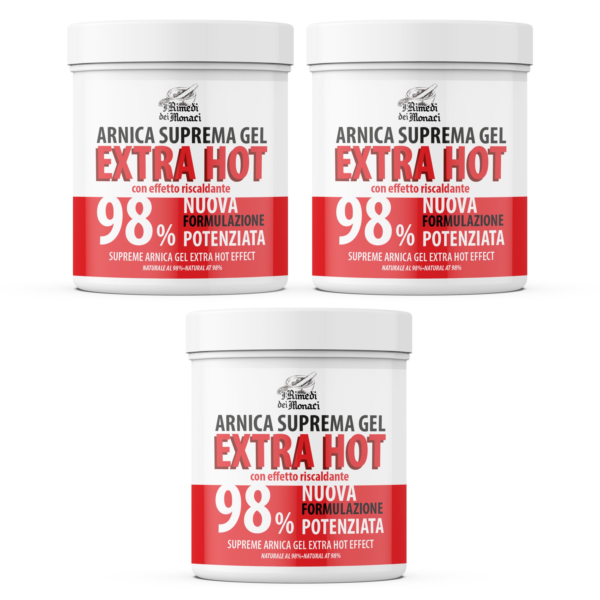 Drei weiße Tiegel mit roter Aufschrift. Aufschrift: Arnica Suprema Gel Extra Hot, 98%.