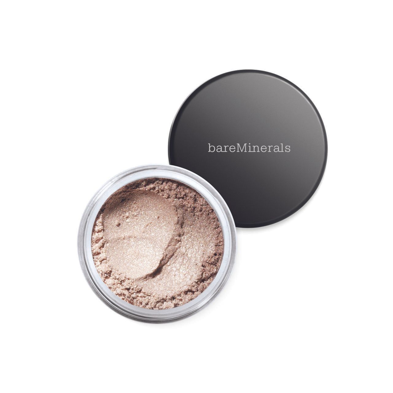 Offene Dose mit schimmerndem Lidschatten. Schwarzer Deckel mit "bareMinerals"-Schriftzug. Dose und Deckel liegen nebeneinander.