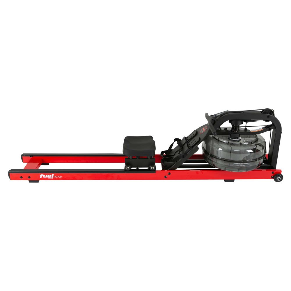 Rudergerät, rot und schwarz. FUEL Fitness RG700. Wasserbehälter, Sitz, Fußstützen. Seitliche Ansicht.