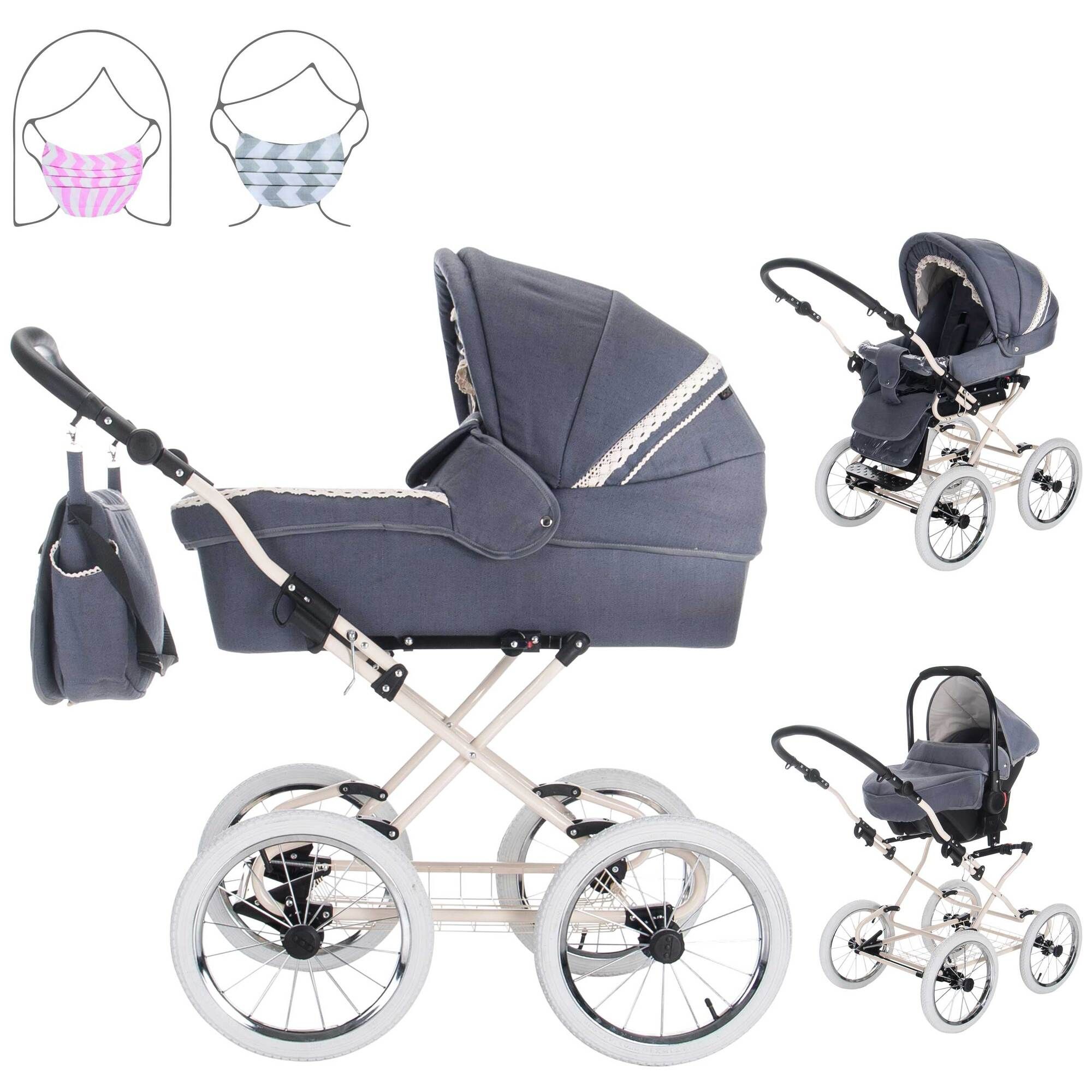 Friedrich Hugo Natureline 3 in 1 Kinderwagen Set Öko Nostalgie Kinderwagen, Elisabeth Stone Creme