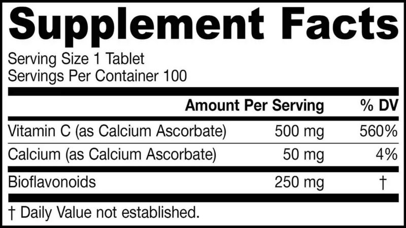 Nährwerttabelle. Vitamin C (500 mg) und Calcium (50 mg) pro Portion. 100 Portionen pro Behälter.