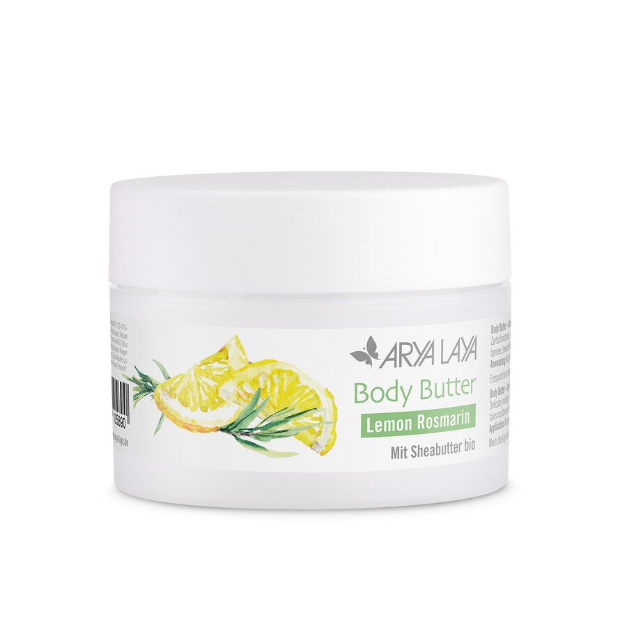 Weißer Tiegel mit Aufschrift Arya Laya Body Butter Lemon Rosmarin. Abbildung von Zitrone und Rosmarin.