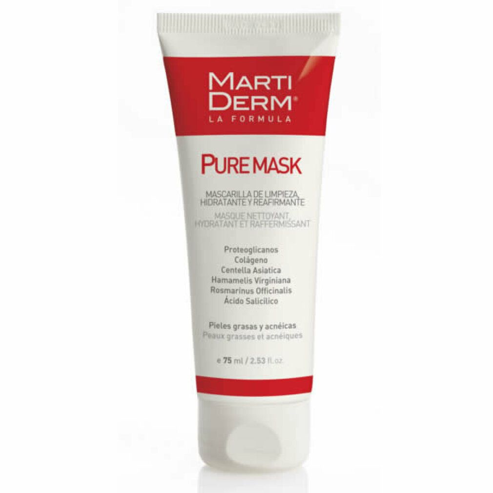 Rote Tube mit weißer Aufschrift. Enthält Marti Derm Pure Mask. Volumen: 75 ml. Für fettige/akneanfällige Haut.