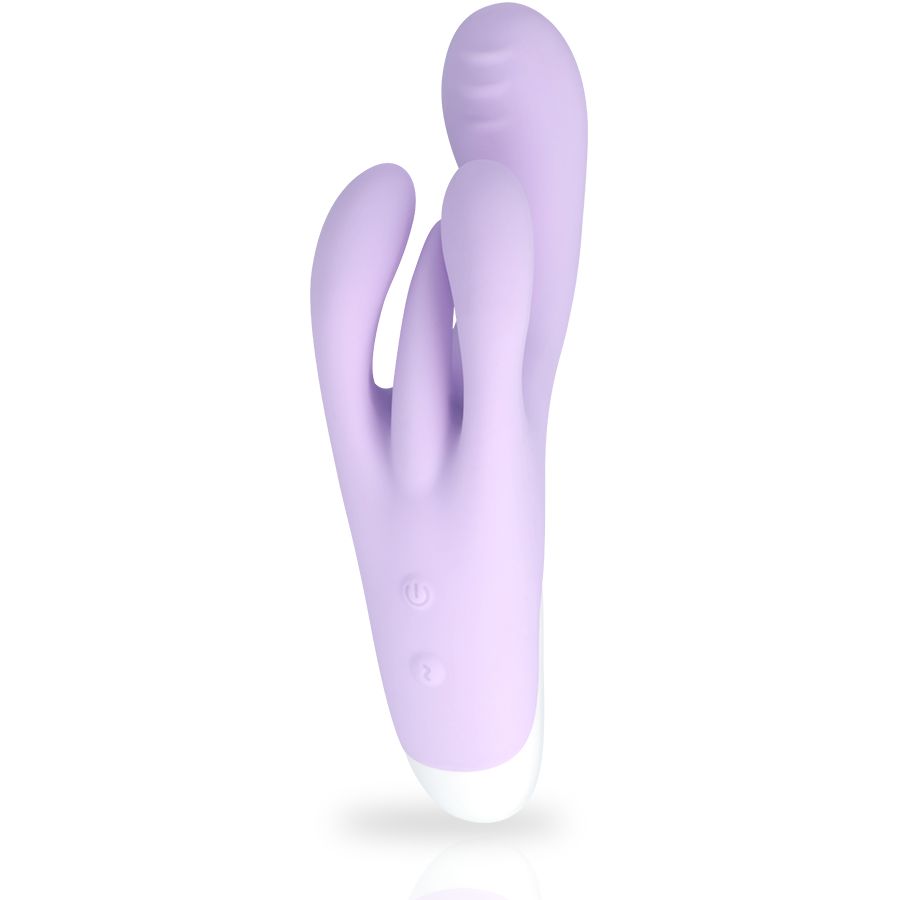 Lila Vibrator mit drei Vorsprüngen. Zwei Knöpfe. Weiße Basis. Seitenansicht.
