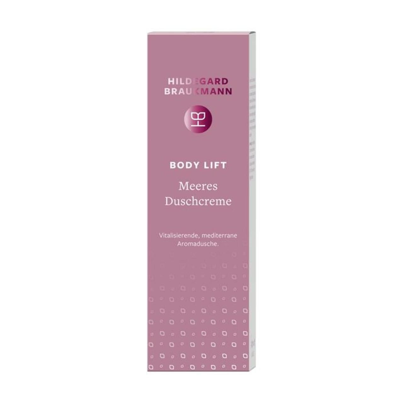 Hildegard Braukmann Body Lift Meeres Duschcreme Verpackung. Rosa-weiße Schachtel mit Produktnamen und Logo.