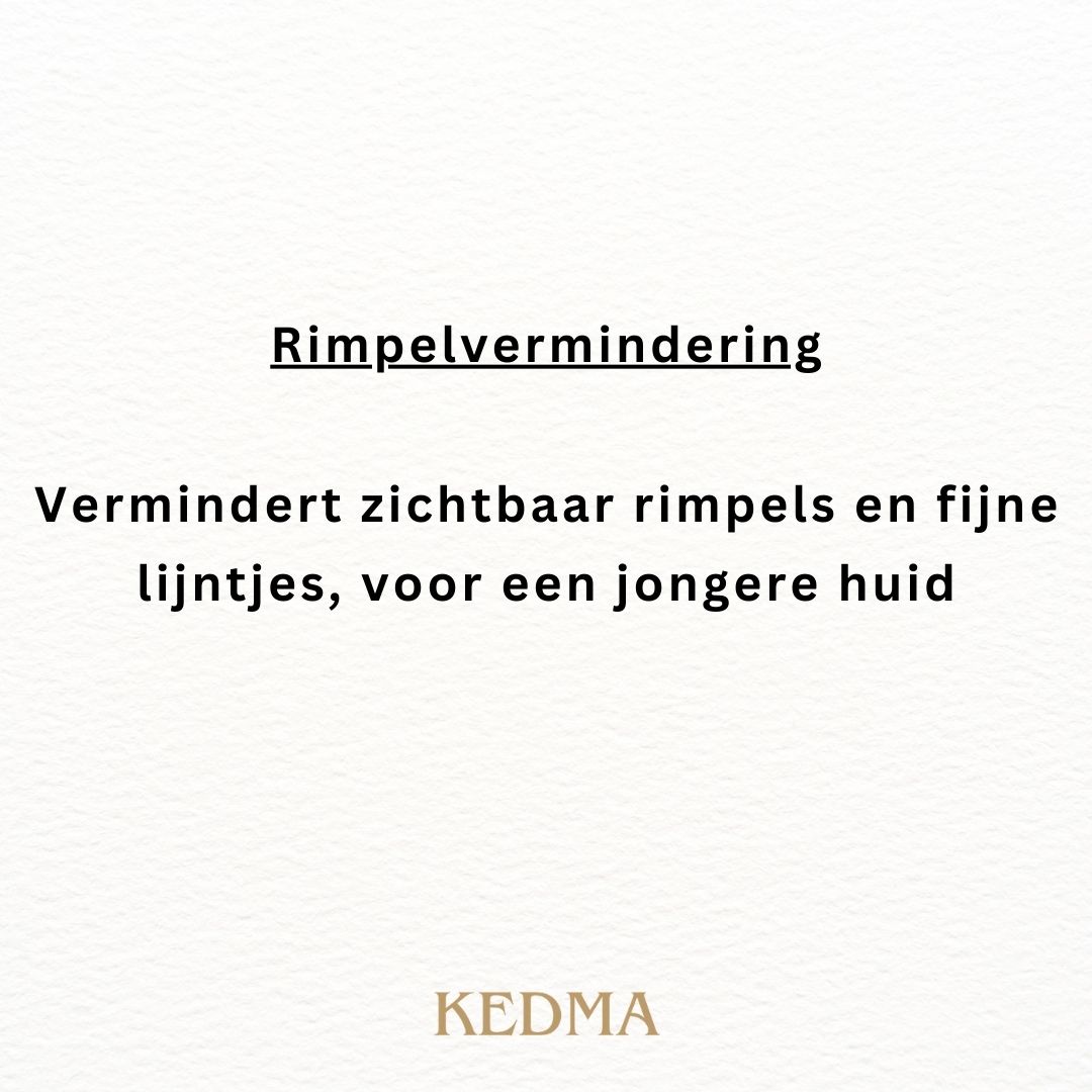 Tekst: Rimpelvermindering. Vermindert zichtbaar rimpels en fijne lijntjes, voor een jongere huid. Kedma-logo.
