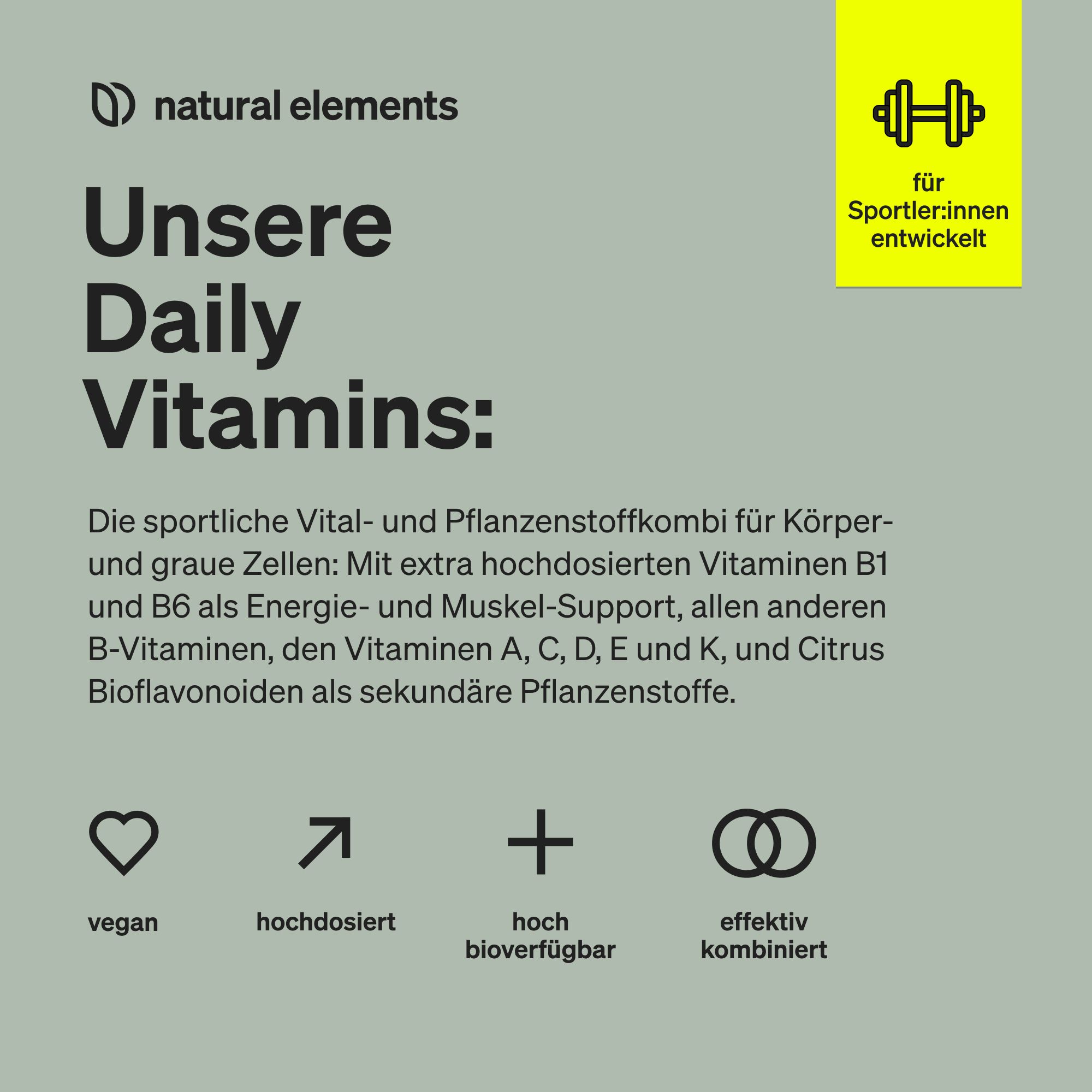 natural elements Daily Vitamins – 120 Kapseln – alle wertvollen Vitamine A-K – perfekt für Sportler