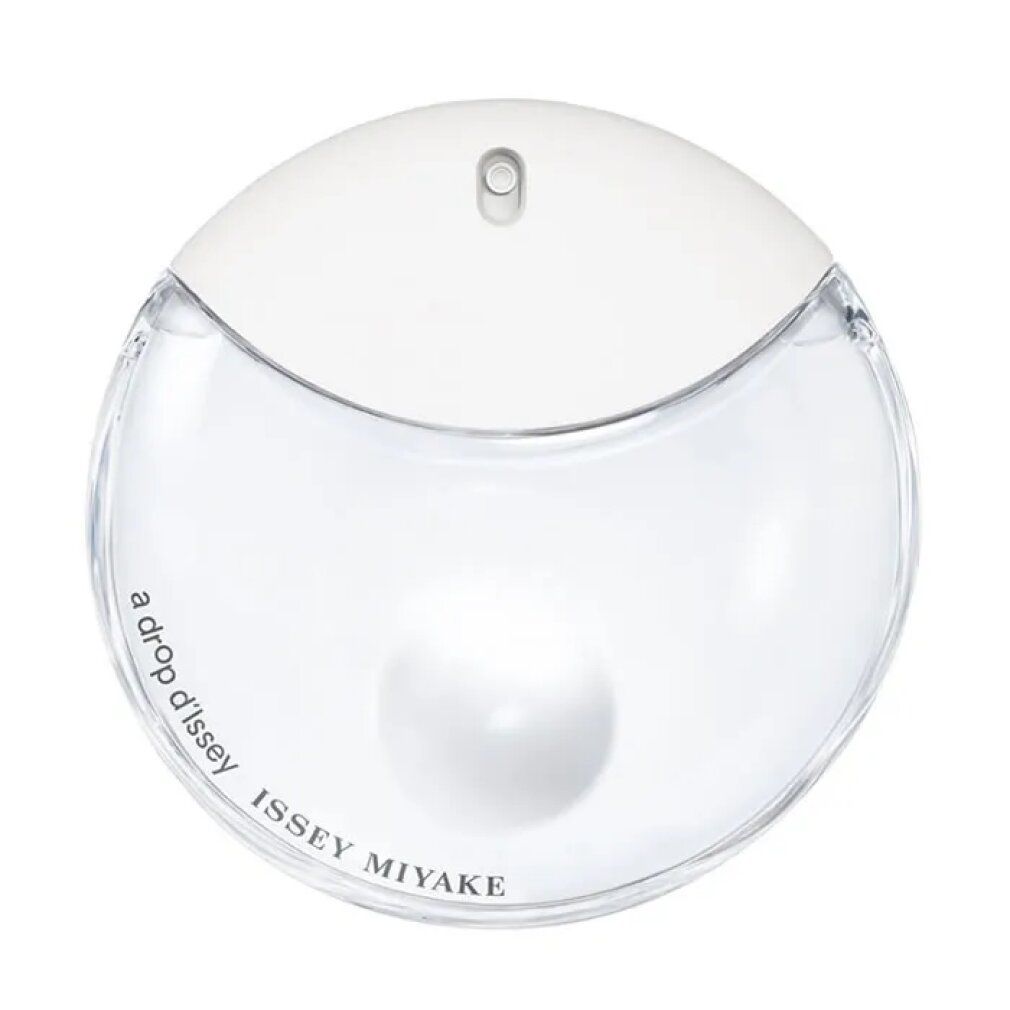 Runder, klarer Flakon mit weißem Deckel. Aufschrift: a drop d'Issey, Issey Miyake.