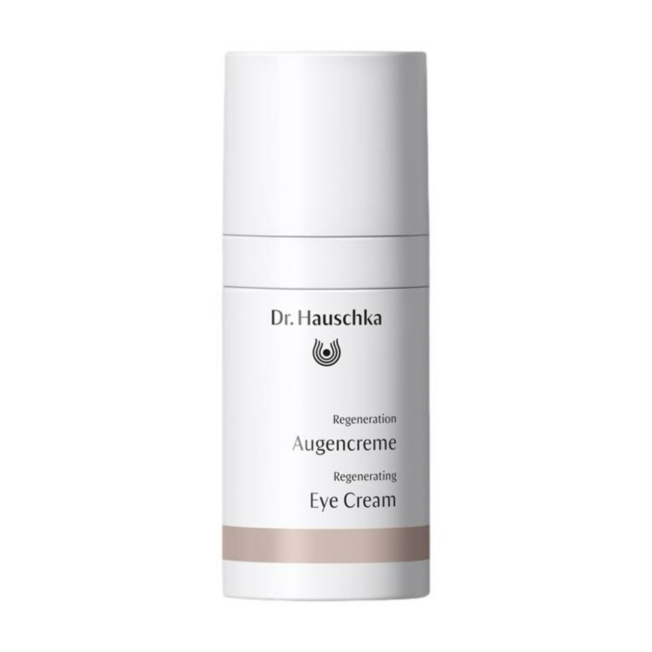 Weiße Tube mit braunem Streifen. Aufschrift: Dr. Hauschka, Regeneration Augencreme, Regenerating Eye Cream.