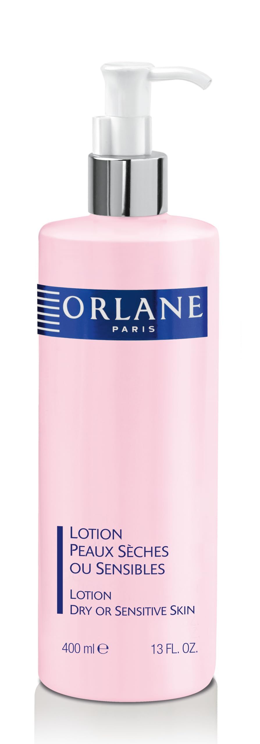 Rosa Lotion-Flasche mit Pumpe. ORLANE PARIS-Logo. Text: LOTION PEAUX SÈCHES OU SENSIBLES, DRY OR SENSITIVE SKIN. 400 ml, 13 FL. OZ.
