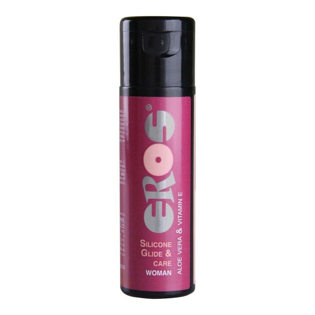 Zylinderförmige Flasche mit schwarzem Deckel. Aufschrift: EROS, Silicone Glide & Care, Aloe Vera & Vitamin E, WOMAN.