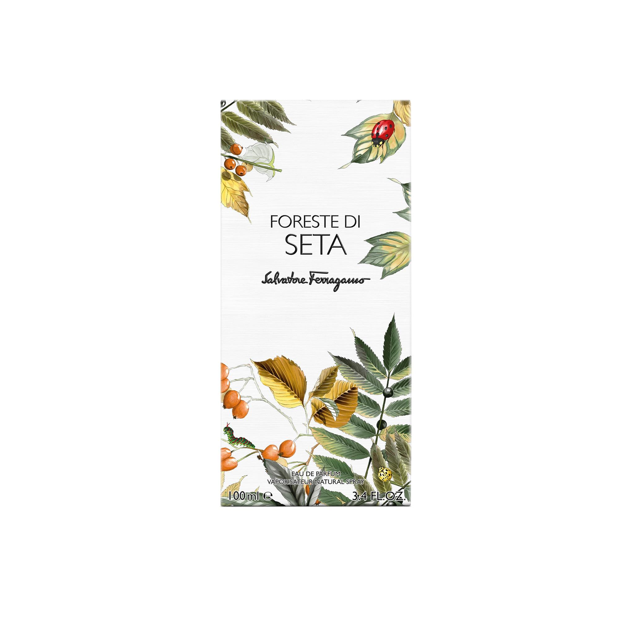 Salvatore Ferragamo Foreste di Seta EdP Nat. Spray. Verpackung mit floralem Design. Text: Foreste di Seta, Salvatore Ferragamo.