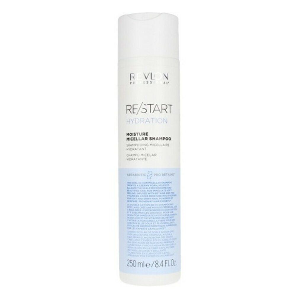 Weißer Shampoo-Behälter mit blauem Etikett. Aufschrift: Revlon Re-Start Hydration, Moisture Micellar Shampoo. 250 ml.