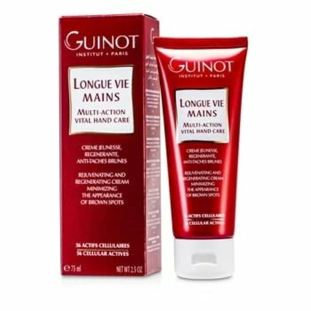 Guinot Longue Vie Mains Handcreme und Verpackung. Roter Tiegel und Karton mit Produktinformationen und 75 ml Inhalt.