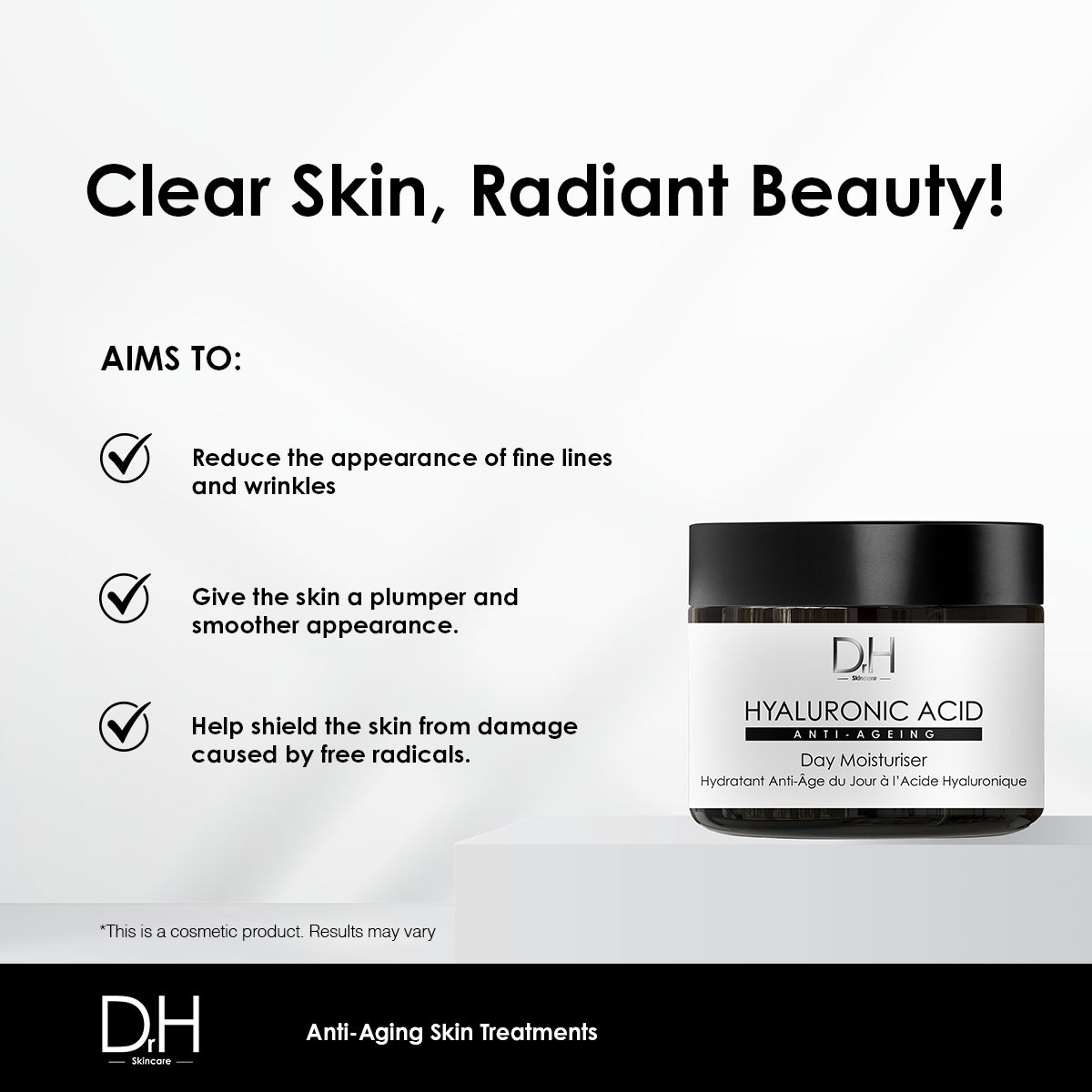 Dr H Hyaluronsäure Anti-Aging Tagescreme mit Vorteilen für klare, strahlende Haut.