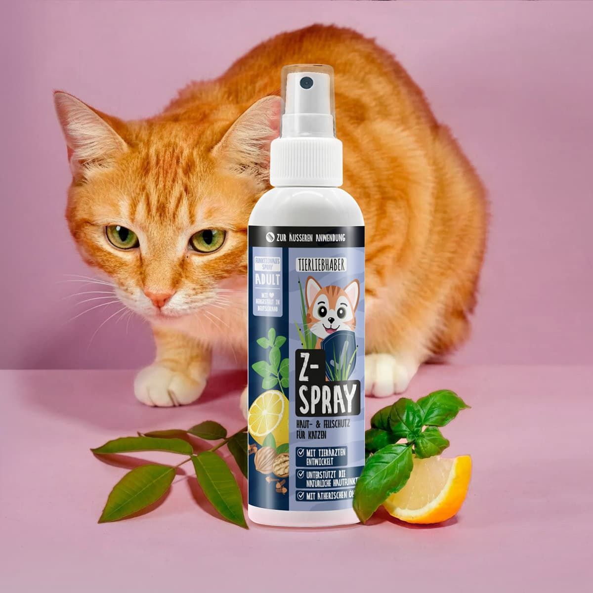 Tierliebhaber Z-Spray Katze: Sprühflasche mit Katze, Zitrone und Kräutern.