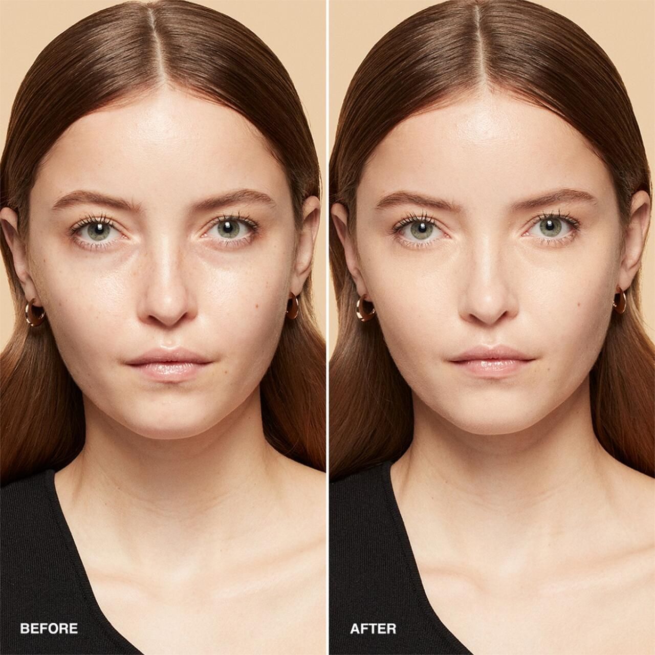 Vorher-Nachher-Vergleich: Gesicht einer Frau vor und nach dem Auftragen von Concealer.