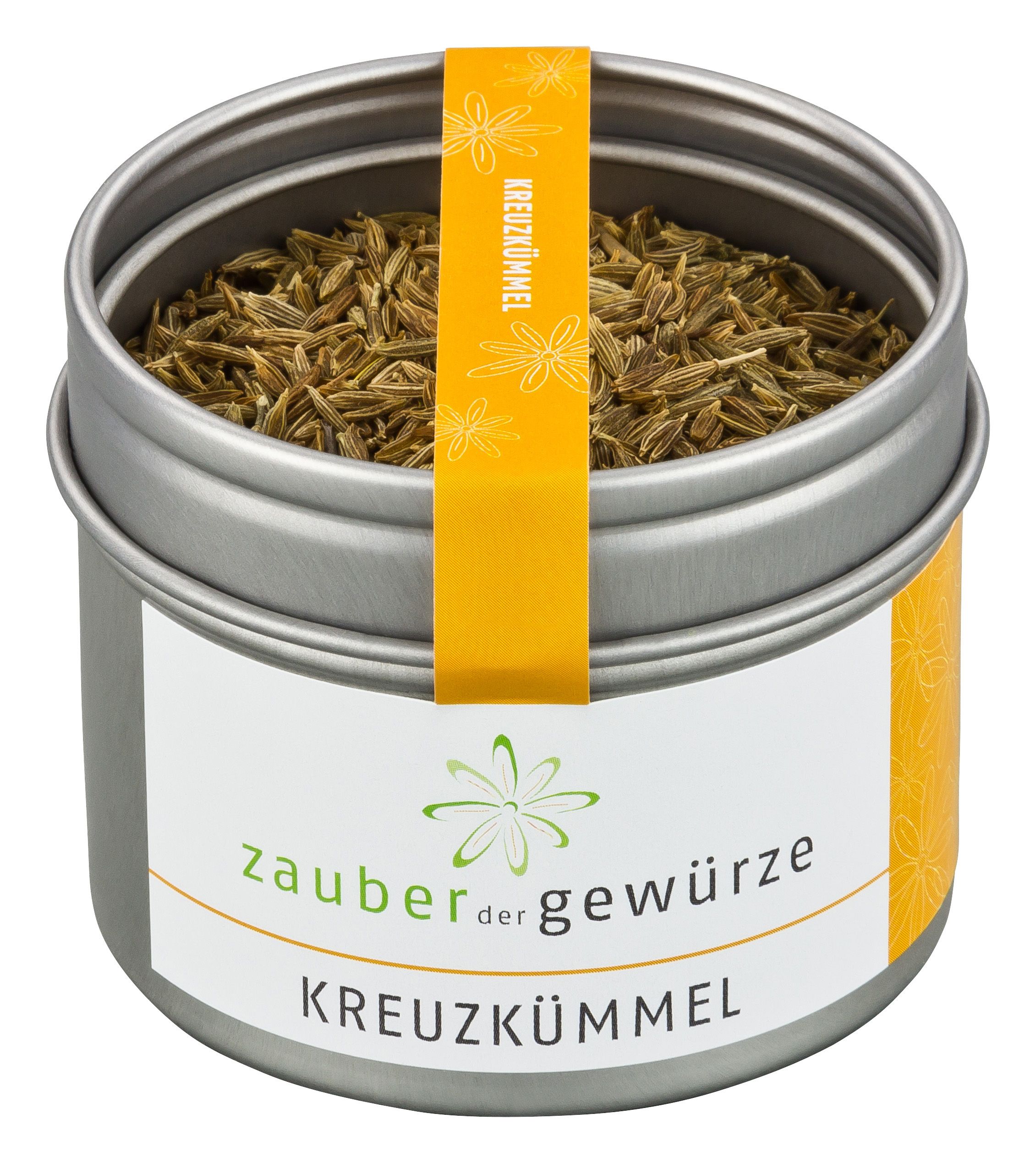 Metallbehälter mit Kreuzkümmel. Aufkleber mit Produktname und Logo. Gelber Streifen mit Schriftzug.