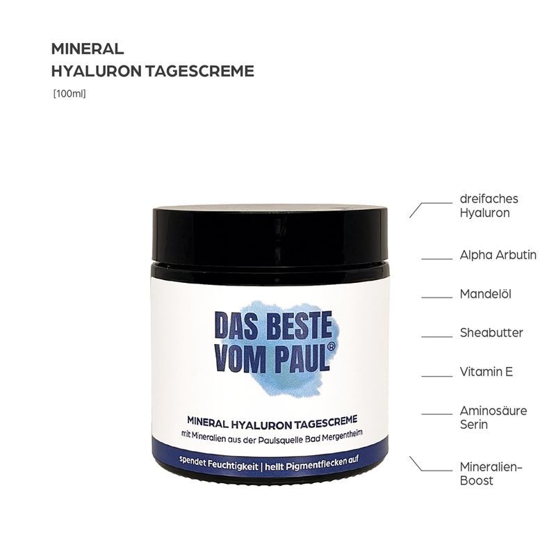 Tiegel mit schwarzem Deckel. Aufschrift: DAS BESTE VOM PAUL. Mineral Hyaluron Tagescreme. Inhaltsstoffe: Hyaluron, Mandelöl, Sheabutter.