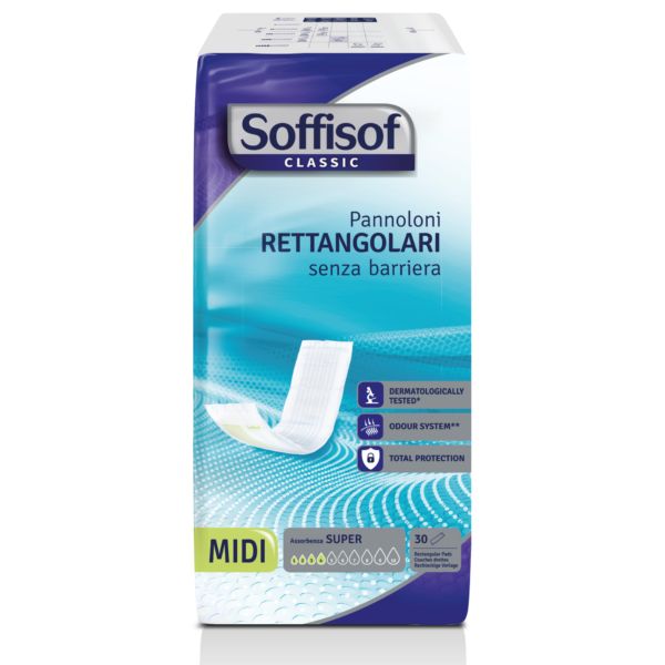 Verpackung von Soffisof Classic Rechteckeinsatz Windeln. Text: PANNOLONI RETTANGOLARI senza barriera. 30 Stück.