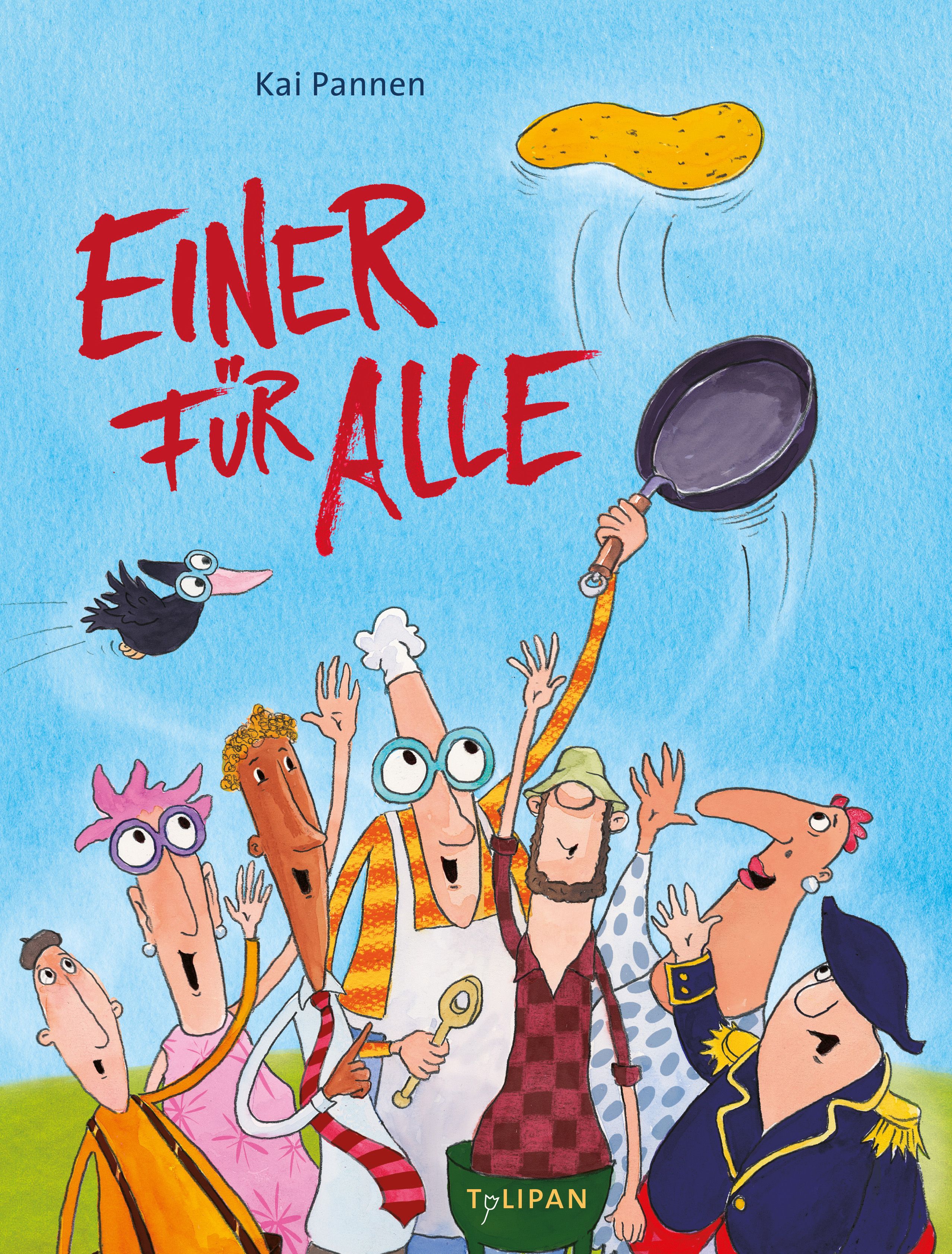 Buchcover mit Titel "Einer für alle" und Illustrationen von Personen, Pfanne und Pfannkuchen. Autor: Kai Pannen.