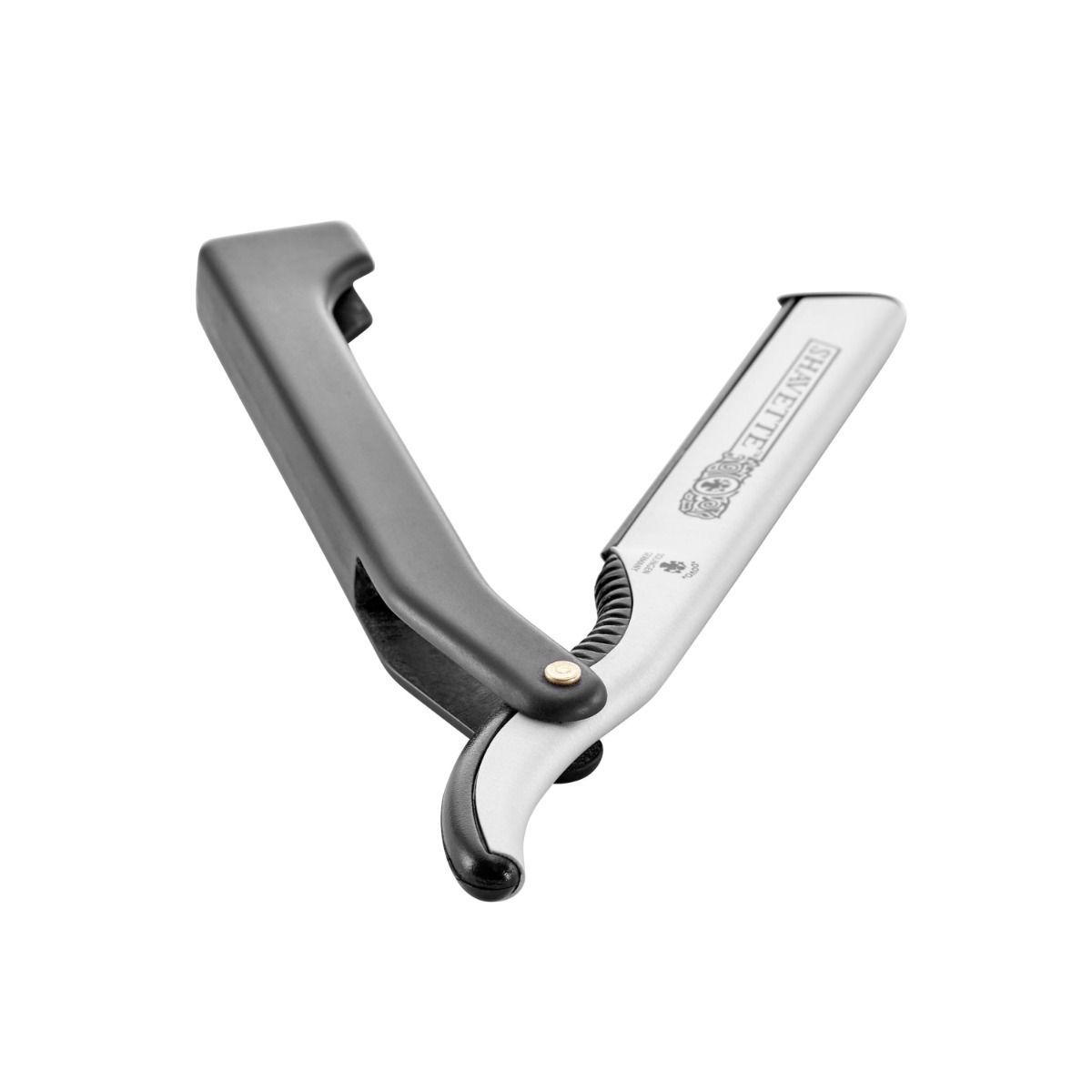 Rasierer, geöffnet. Schwarzer Griff, silberne Klinge mit Schriftzug SHAVETTE. Metall.