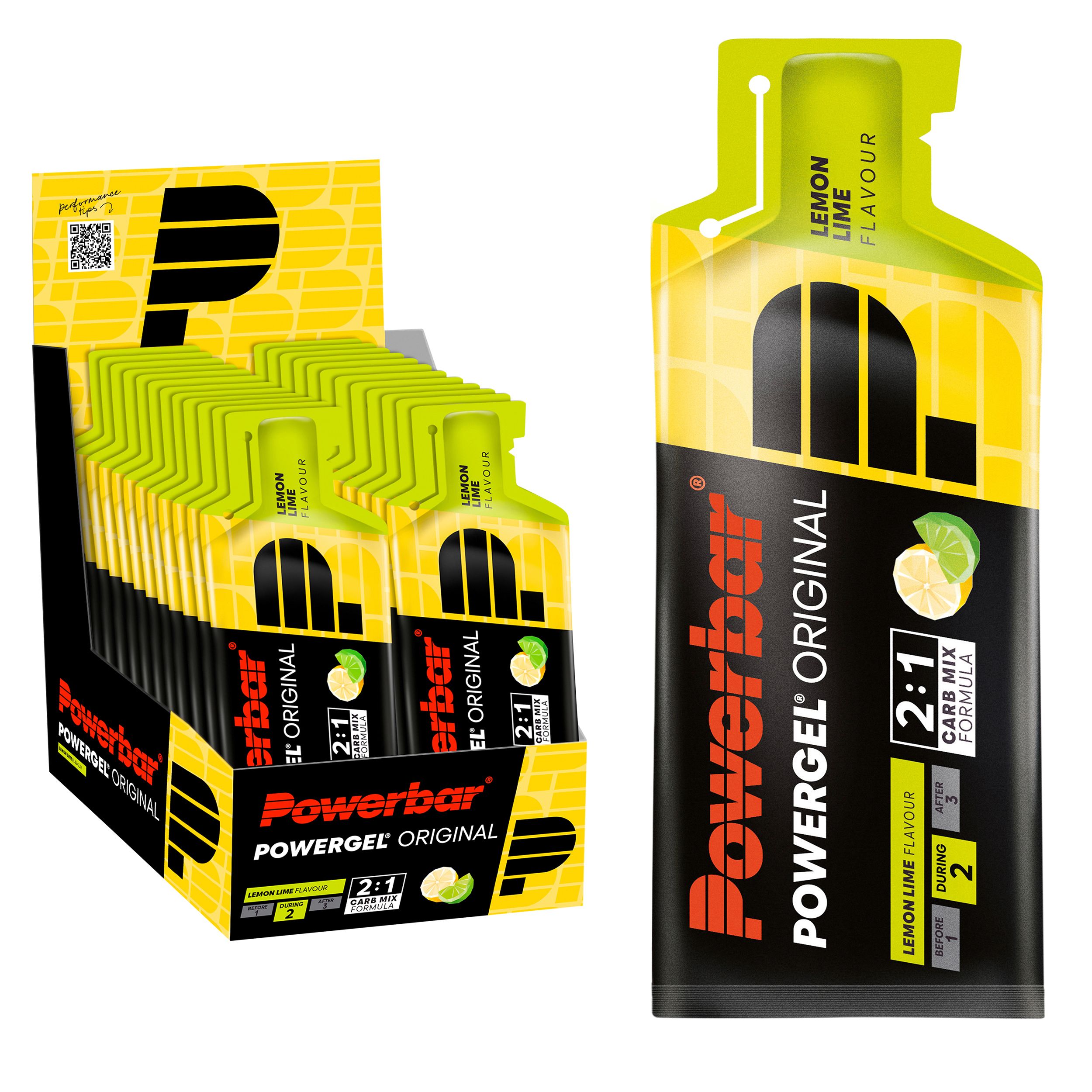 Powerbar PowerGel Original Lemon Lime. Gel-Packungen in einer Box und einzeln. Aufschrift: Lemon Lime Flavour.