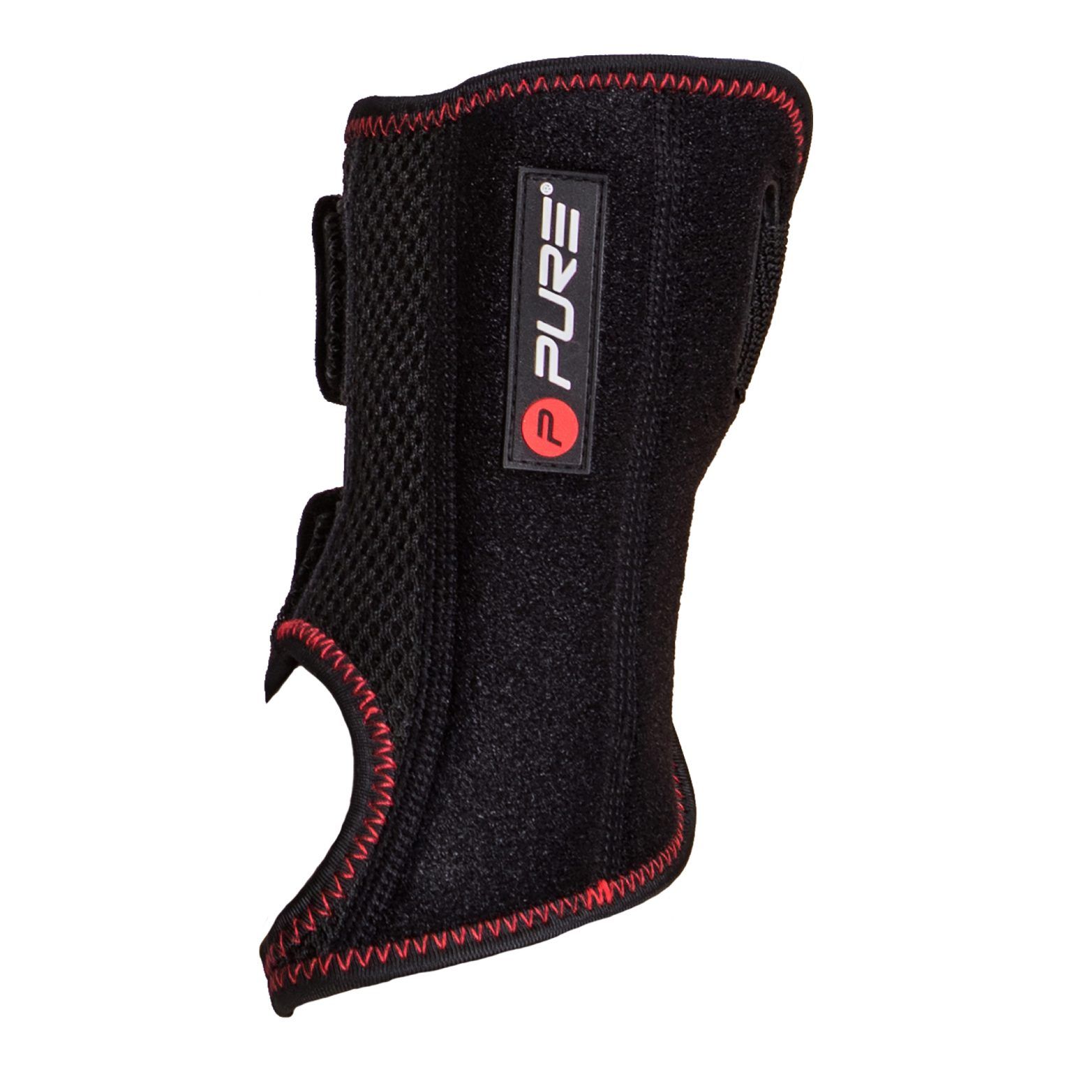 Tutore per polso nero con cuciture rosse e chiusure in velcro. Il logo è visibile.