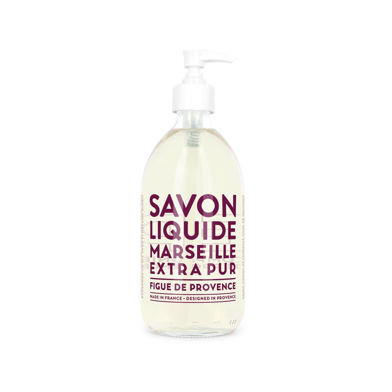 Durchsichtige Flasche Flüssigseife mit Pumpe. Aufschrift: Savon Liquide Marseille Extra Pur Figuier de Provence.
