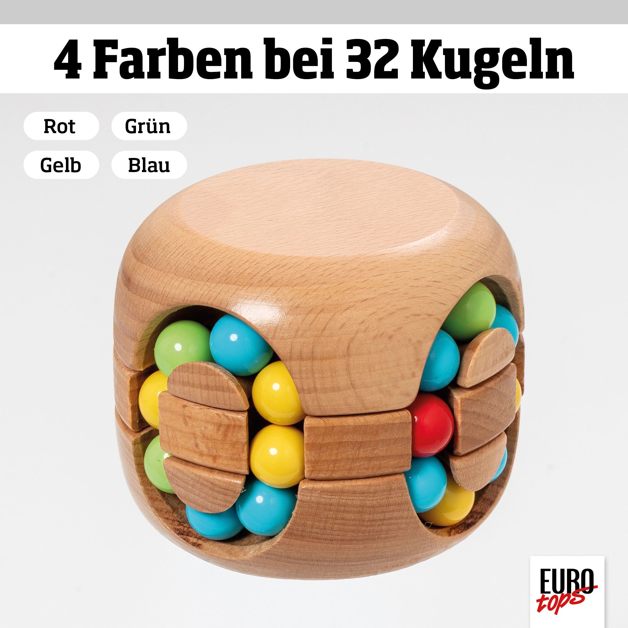 Holz-Kugelspielzeug mit bunten Kugeln in Rot, Grün, Gelb und Blau, in einem Holzwürfel. Maße: 8x9 cm.