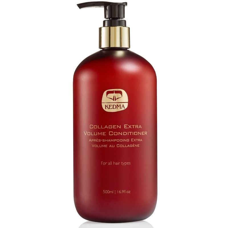 Rote Flasche mit schwarzem Pumpkopf. Aufschrift: KEDMA, Collagen Extra Volume Conditioner. Für alle Haartypen.