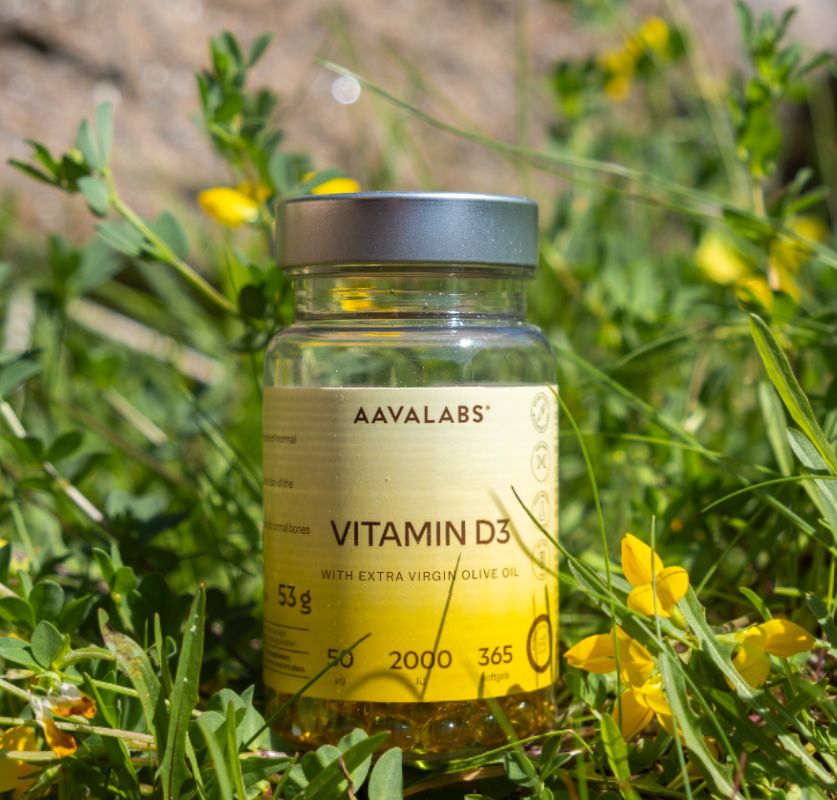 Flasche Aavalabs Vitamin D3 im Gras, 2000 IE, 365 Softgels.