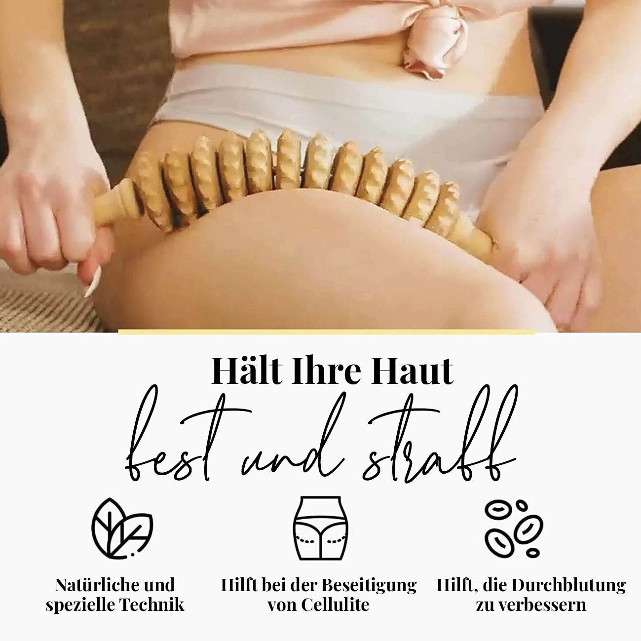 tuuli Anti Cellulite Roller mit Griff Massagegerät aus Holz Massageroller für Maderotherapie