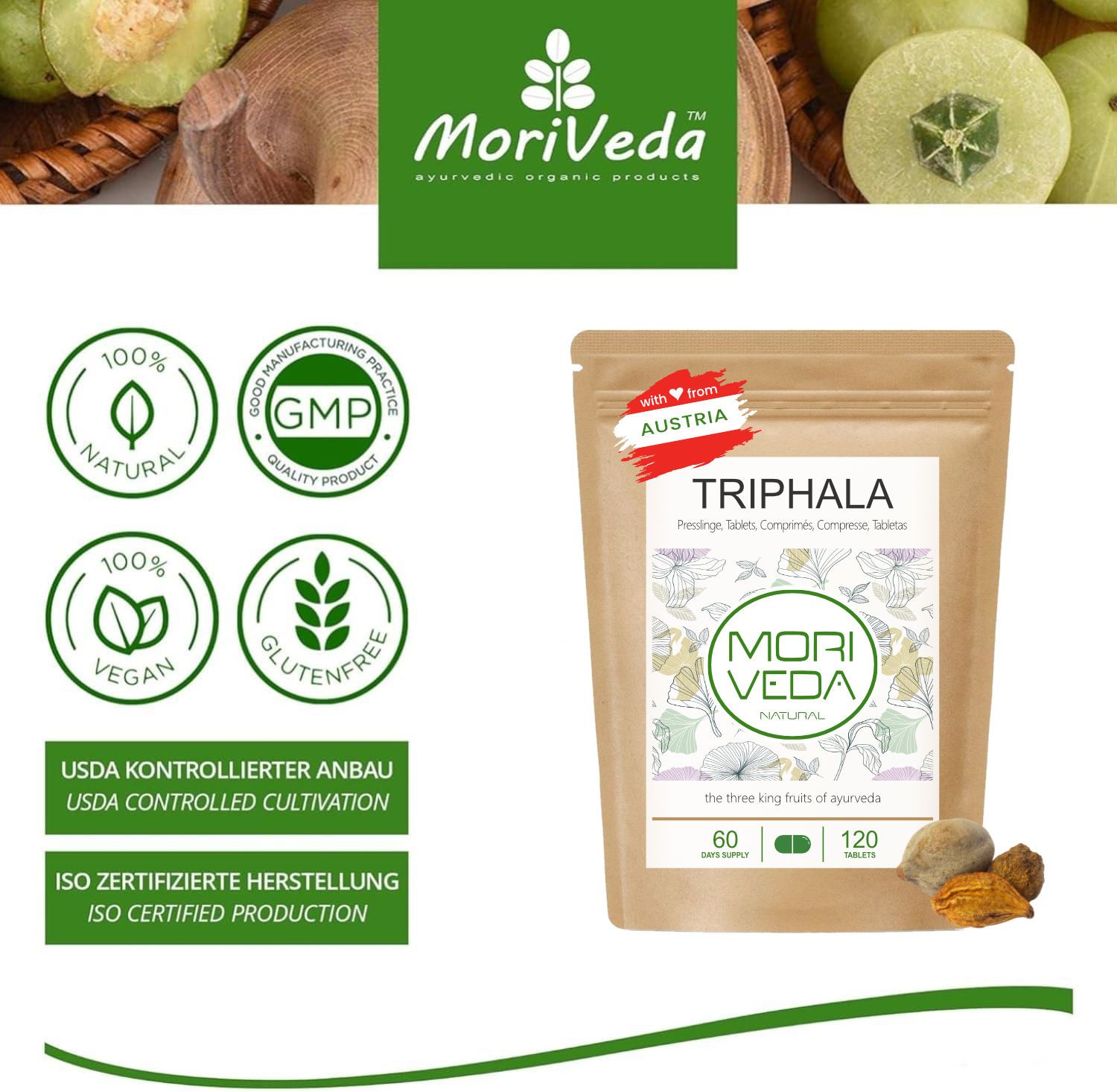 Braune Tüte mit weißem Etikett. Aufschrift: Triphala Presslinge. Logo: Moriveda Natural. 120 Tabletten. Mit österreichischem Siegel. Siegel: 100% Natural, Vegan, Glutenfrei.