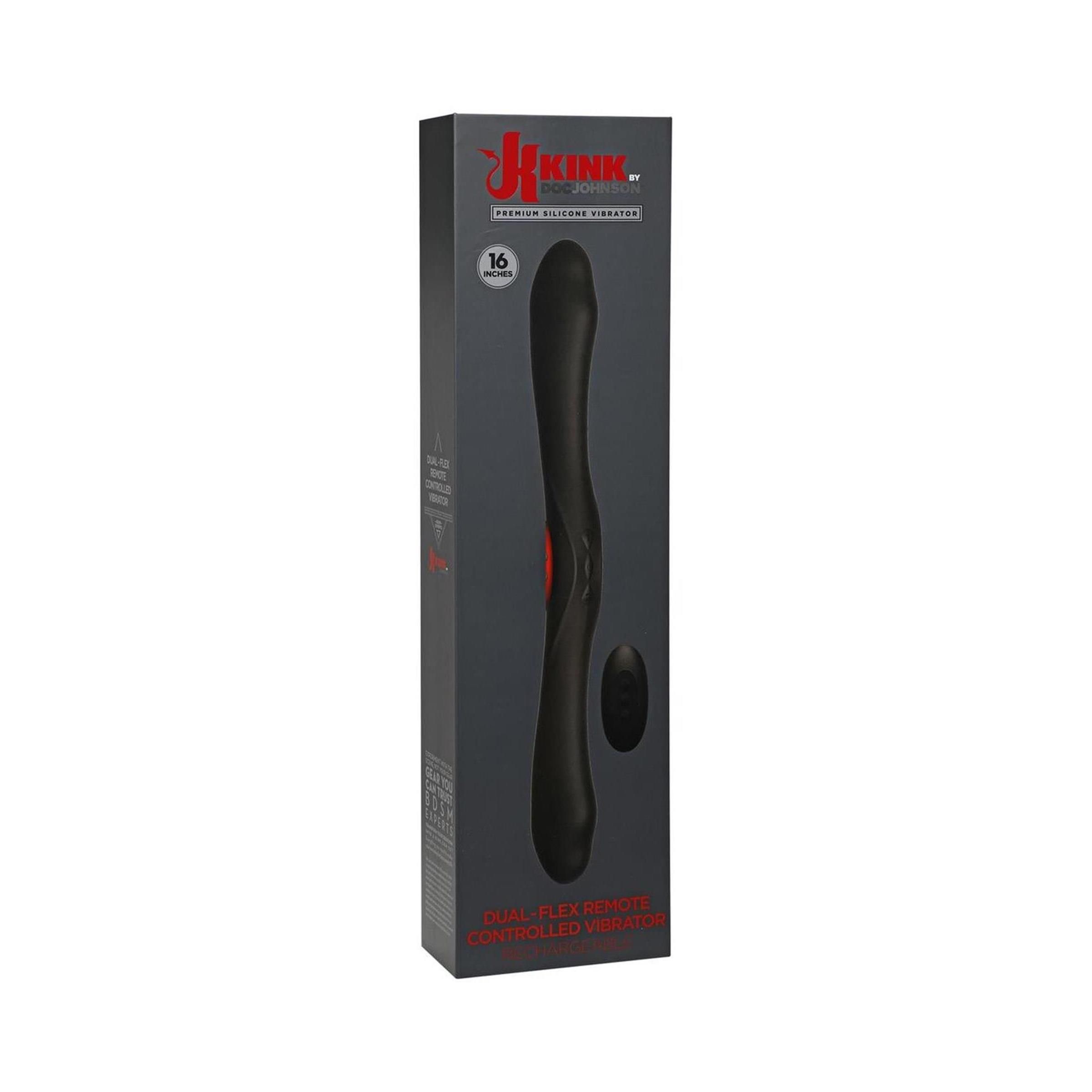 Schwarzer Vibrator in Verpackung. Aufschrift: KINK, Dual-Flex, Wireless Remote Control. 16 Modi.
