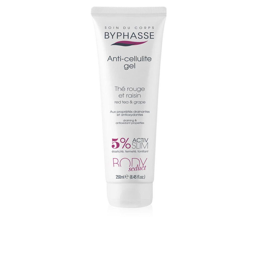 Weiße Tube mit Aufschrift BYPHASSE Anti-Cellulite Gel, roter Tee & Traube. Activ Slim 5%. BODY secret.