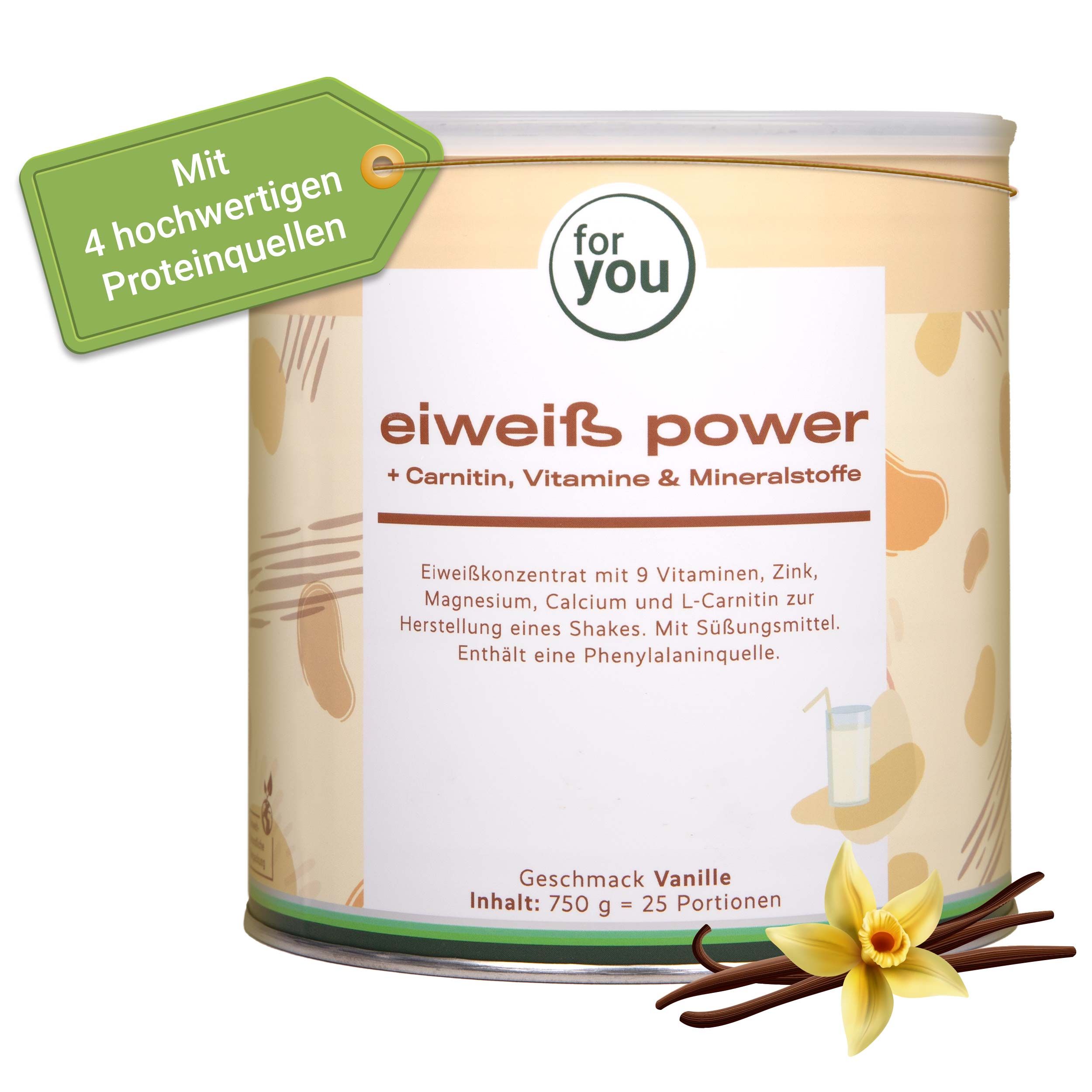 Glasflasche mit Shake, Dose „for you eiweiß power Vanille“. Text: Innovative Kombination aus Molken-, Milch-, Soja- & Hühnerei-Eiweiß.