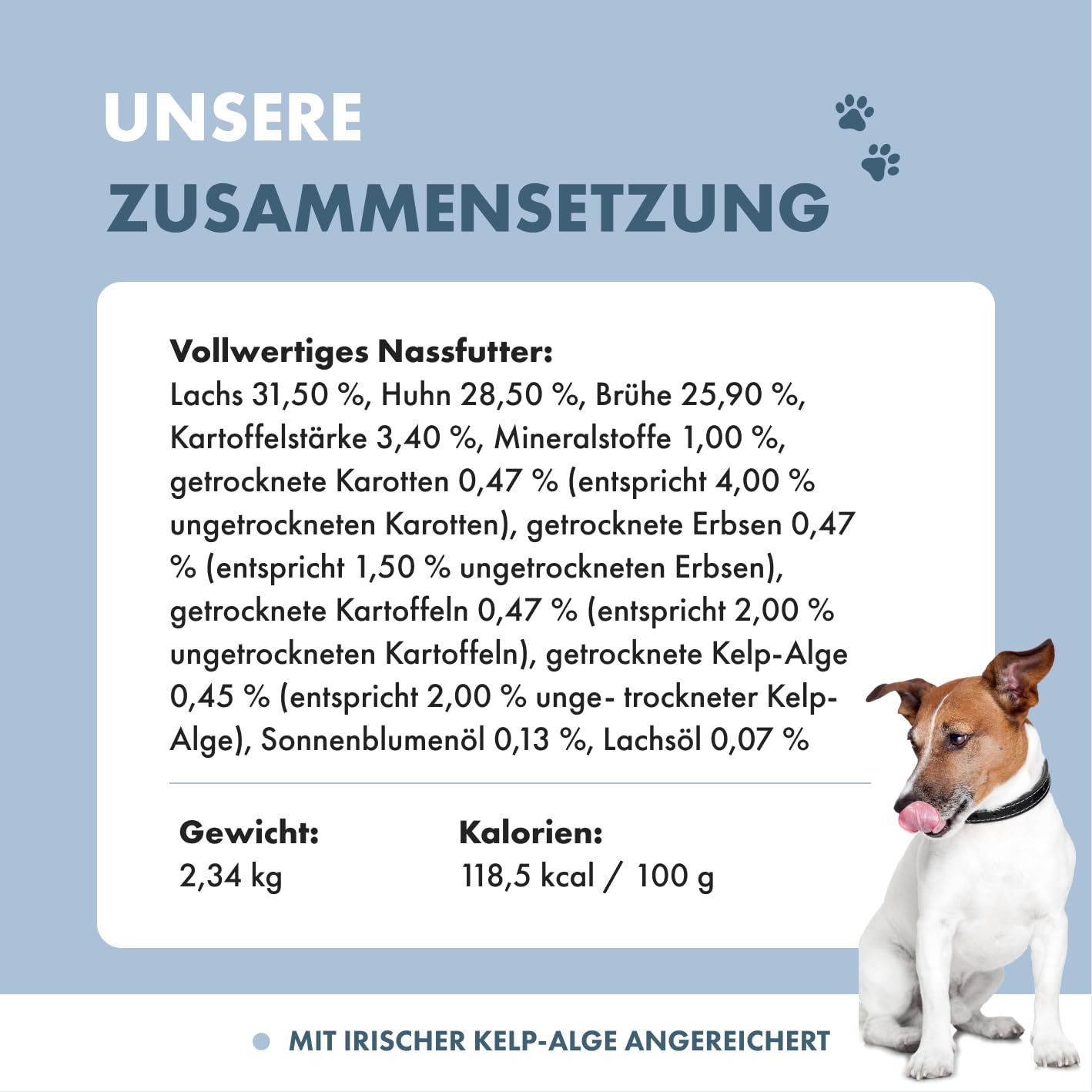 Hundefutter-Dose mit Etikett: "irish pure Atlantik-Lachs & Irisches Huhn".
