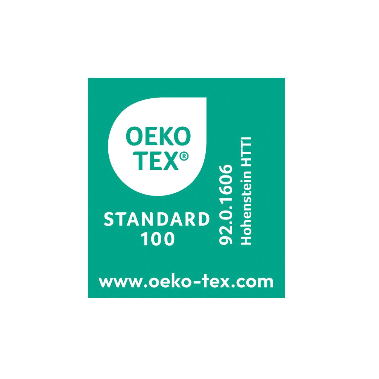 Logo Öko-Tex Standard 100. Grüner Hintergrund. Text: 92.0.1606 Hohenstein HTTI. www.oeko-tex.com.