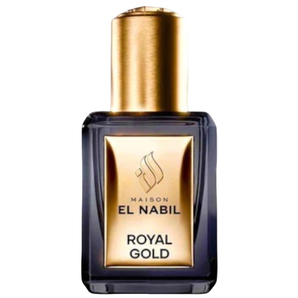 Dunkelblaue Flasche mit goldfarbenem Verschluss. Auf dem Etikett: Maison El Nabil, Royal Gold. Goldfarbenes Logo.