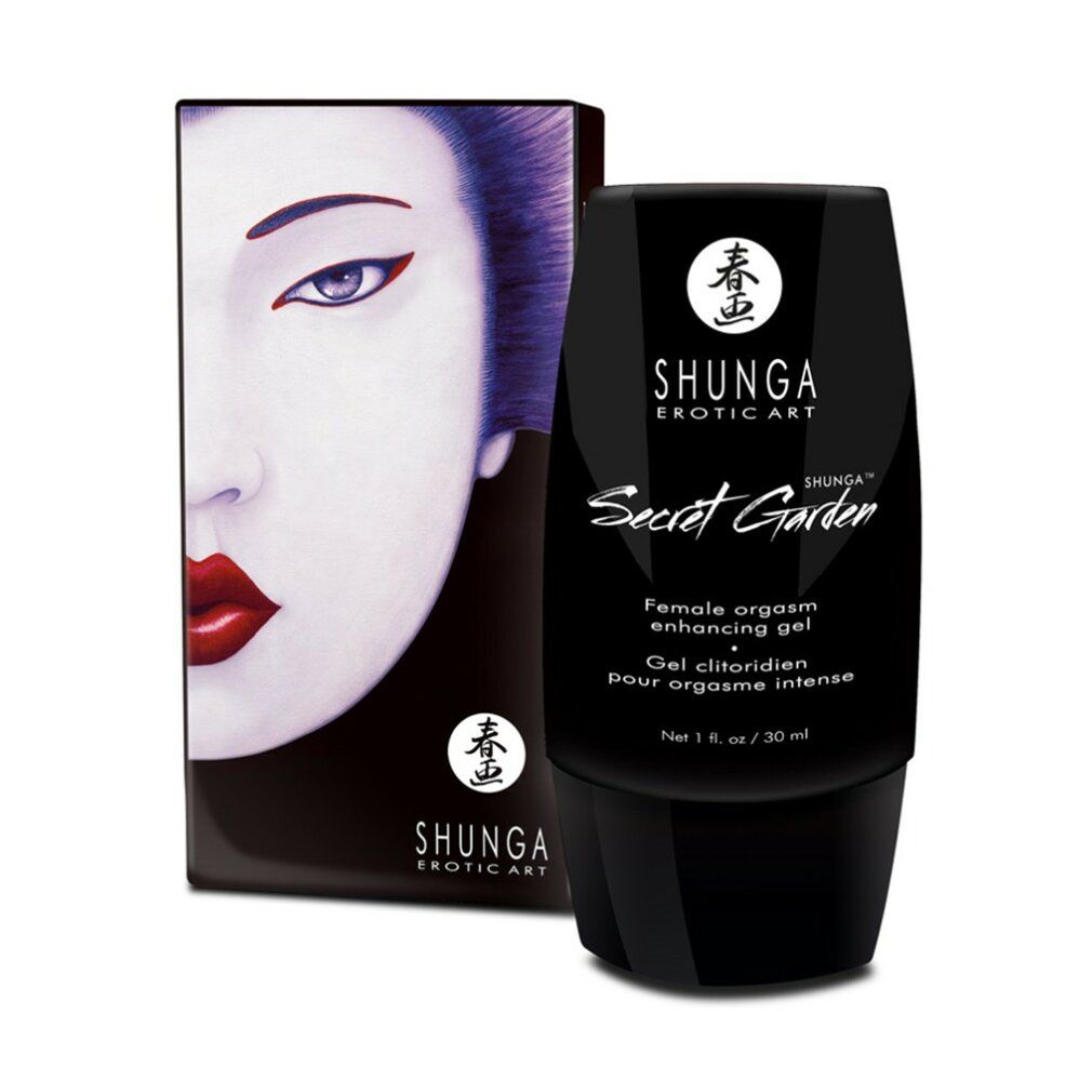 Schwarze Tube und Verpackung. Verpackung mit Gesicht. Tube mit Produktbezeichnung. Text: "Secret Garden" Gel clitoridien pour orgasme intense.