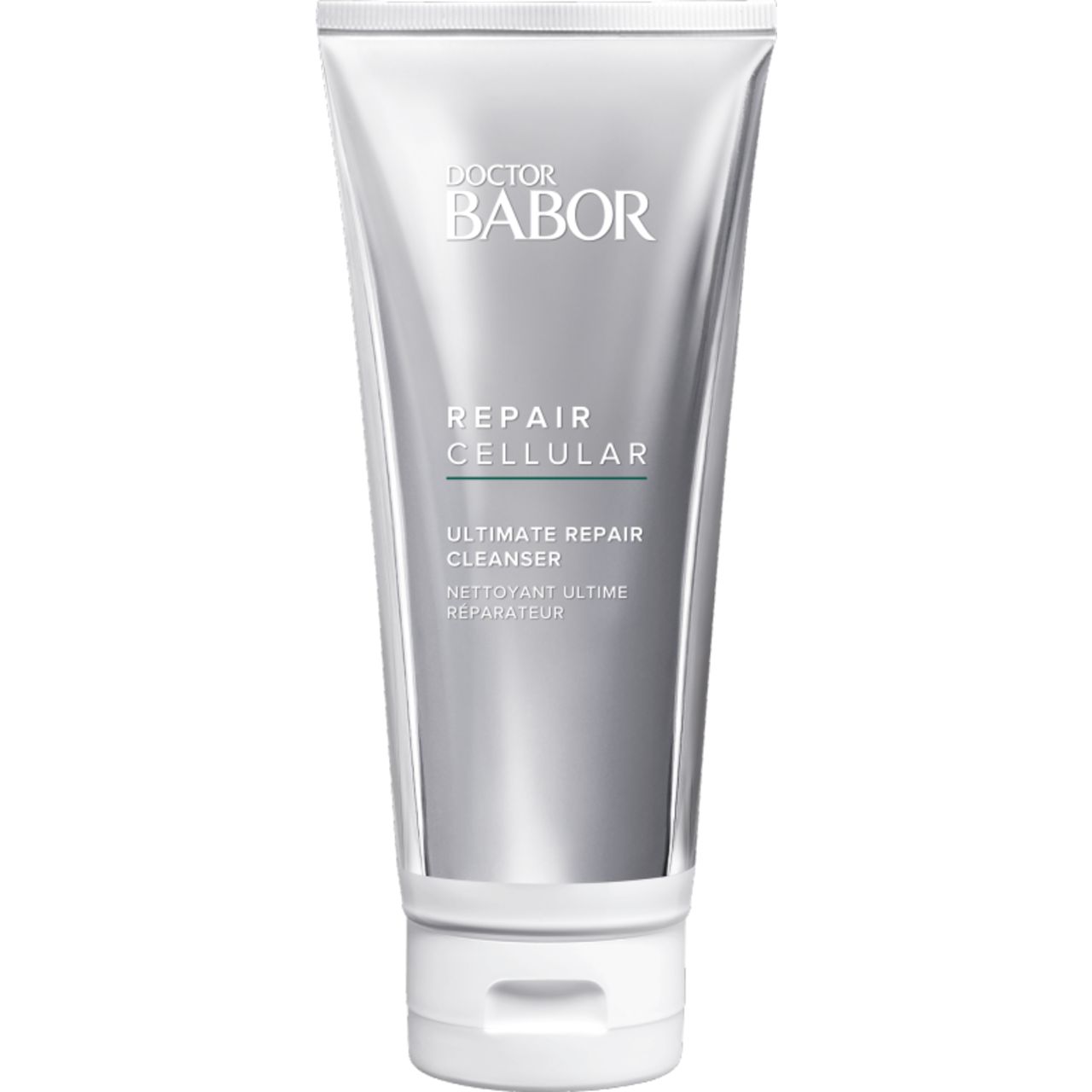 Silberfarbene Tube mit "Doctor Babor" und "Repair Cellular" Schriftzug. "Ultimate Repair Cleanser" steht darunter.