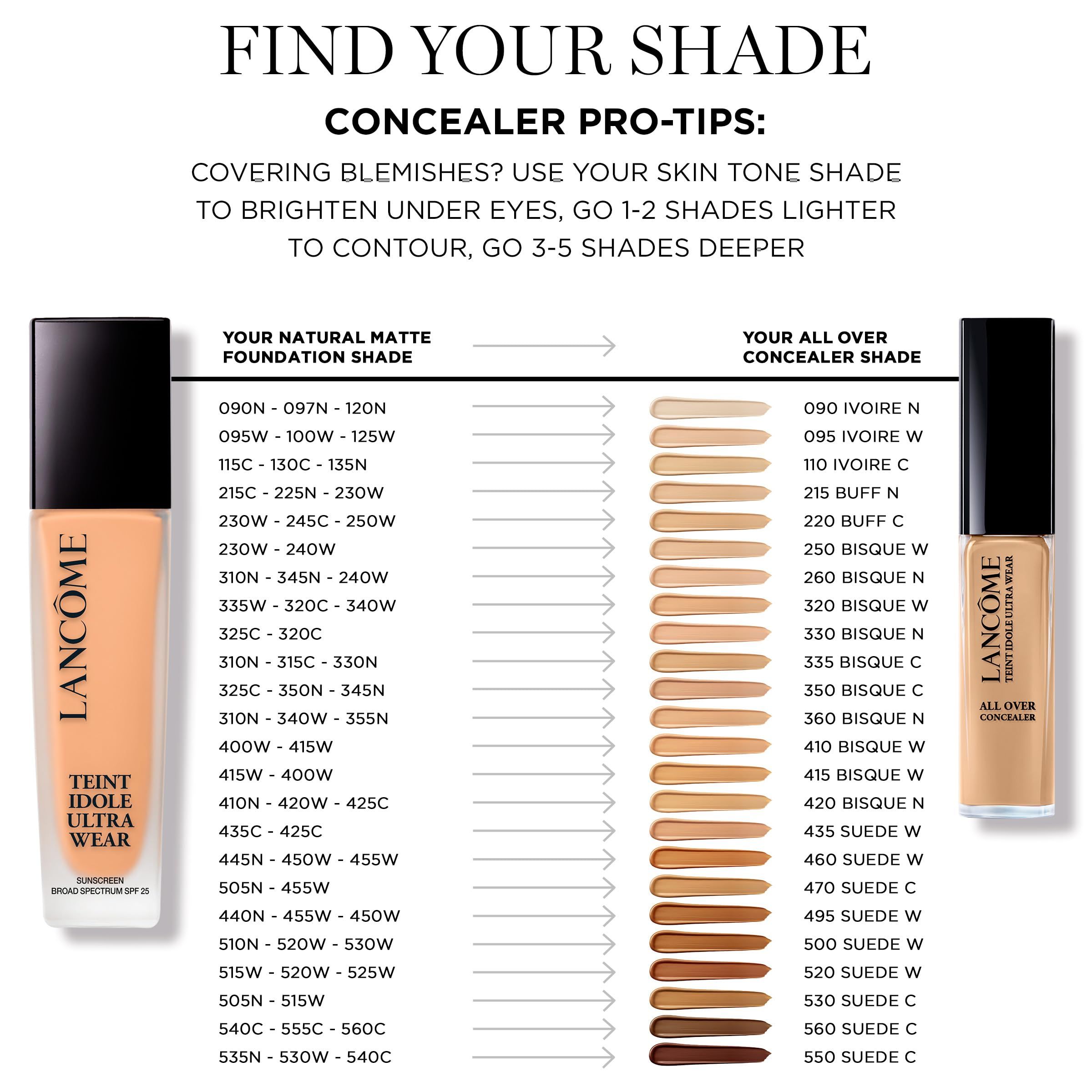 Farbton-Tabelle für Lancôme Concealer. Produkt und Farbtöne werden verglichen. Text: Finden Sie Ihren Farbton.