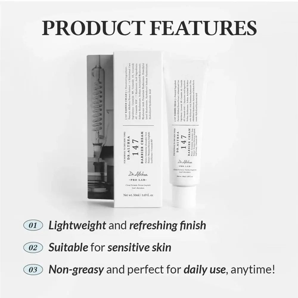 Zwei Produkte: Creme-Tube und Verpackung. Text: Dr. Althea 147 Barrier Cream. Text: Leicht und erfrischend, für empfindliche Haut.