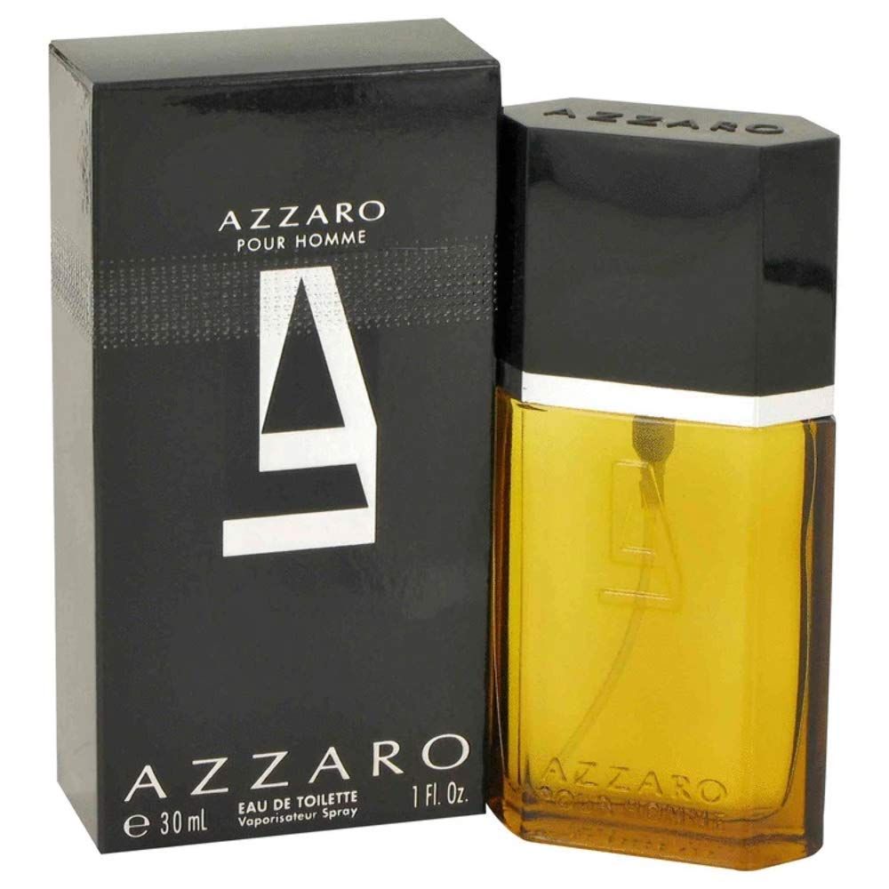 Azzaro Pour Homme Eau de Toilette Spray. Schwarze Schachtel und Flakon. Flakon mit gelber Flüssigkeit. 30ml.