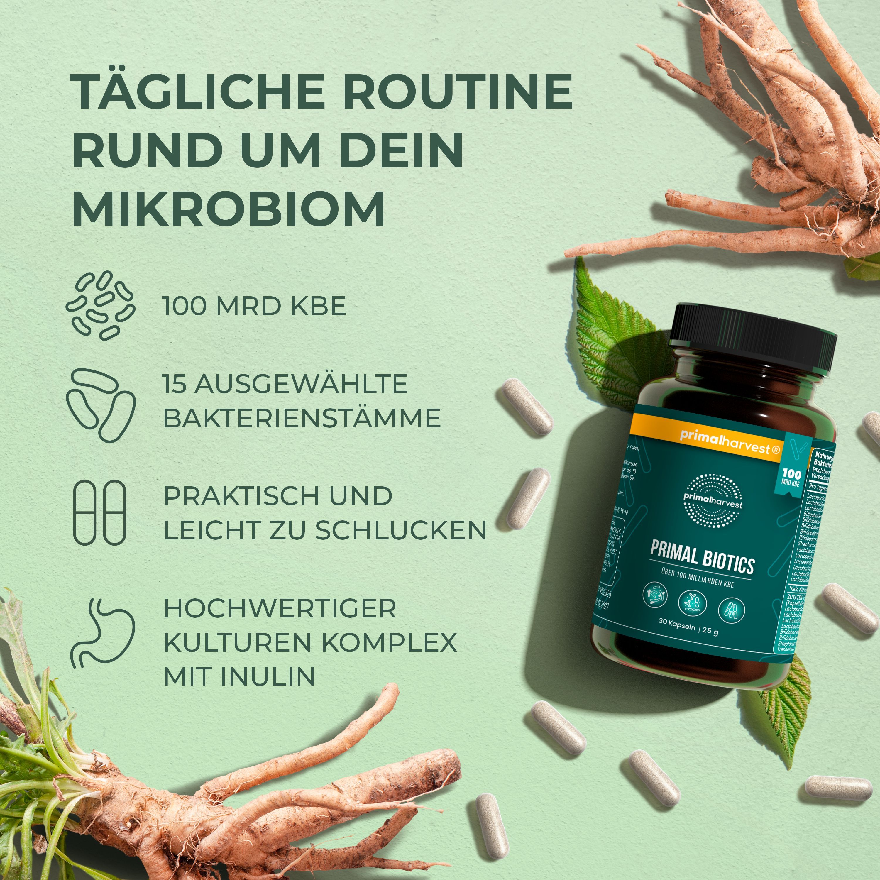 Flasche Primal Harvest Probiotika, Kapseln und Zutaten. Aufschrift: 100 Mrd. KBE, 15 Bakterienstämme.