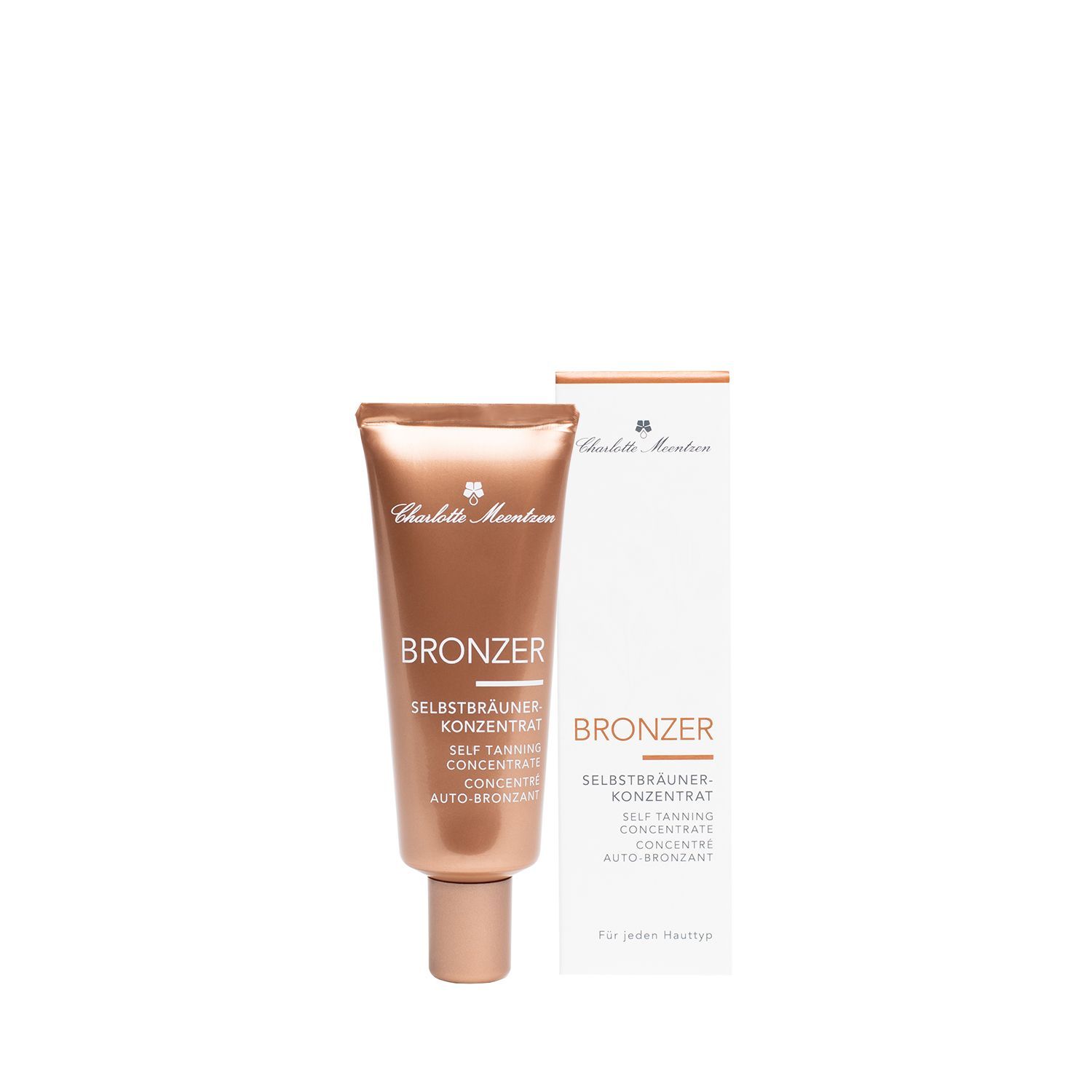 Bronzer-Konzentrat in Tube und Verpackung. Schriftzug: Bronzer, Selbstbräuner Konzentrat, Auto-Bronzant. Verpackung mit Logo.