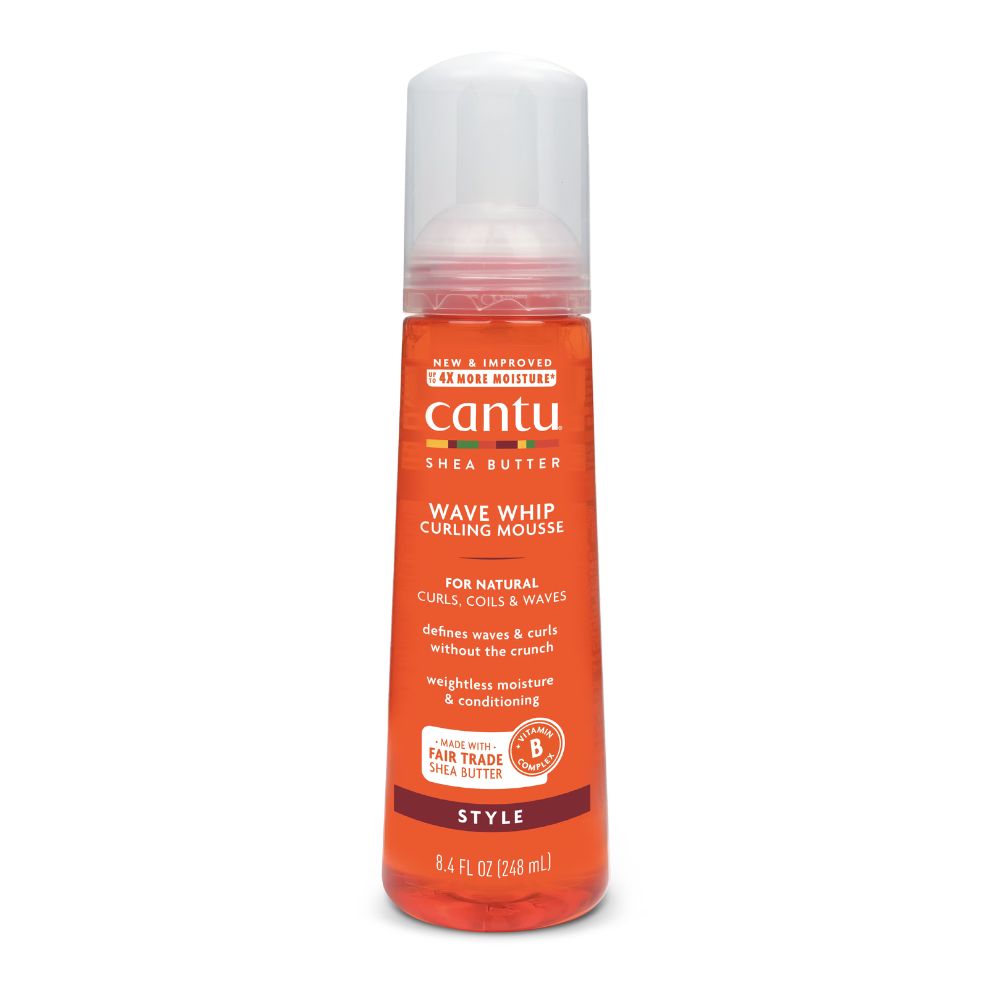 Orangefarbene Flasche Cantu Wave Whip Curling Mousse mit weißem Pumpspender.