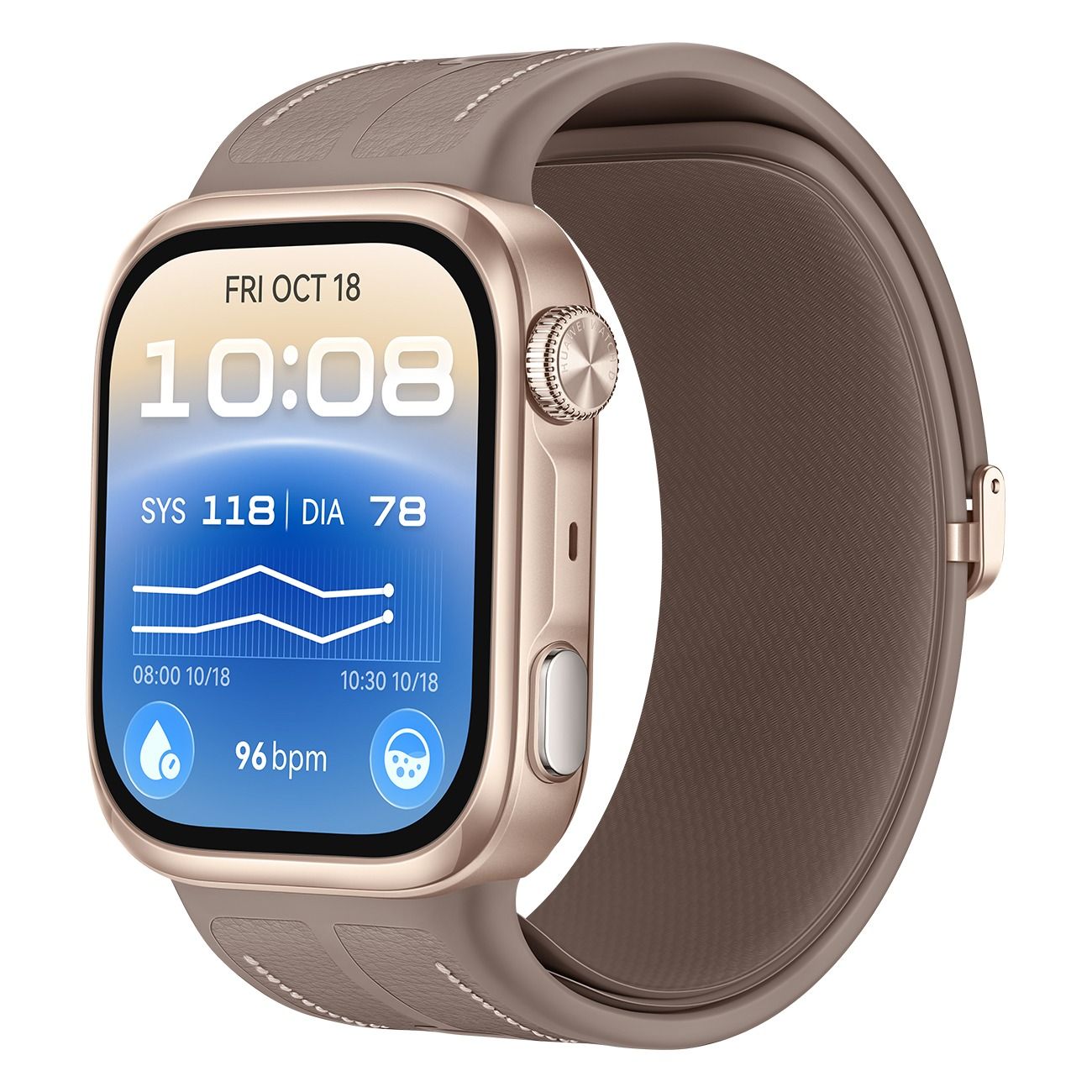 Huawei Watch D3 mit braunem Armband, zeigt Blutdruck und Puls an.