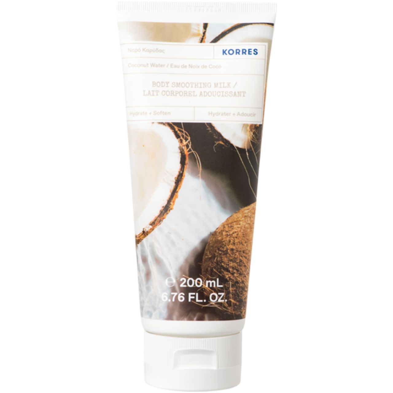 KORRES Glättende Körpermilch. Weiße Tube mit Kokosnuss-Motiv. Text: Body Smoothing Milk, 200 ml, 6.76 FL. OZ. Marke KORRES.